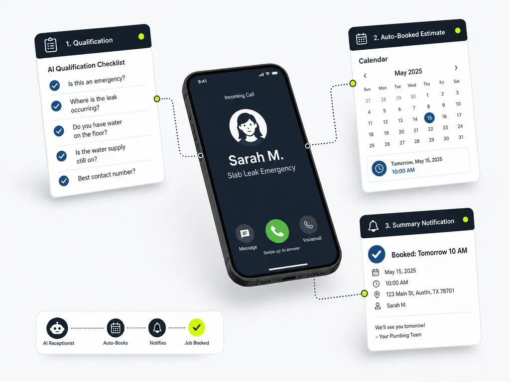 SkoreFlow AI voice agent dashboard showing live calls, qualification, and booked jobs