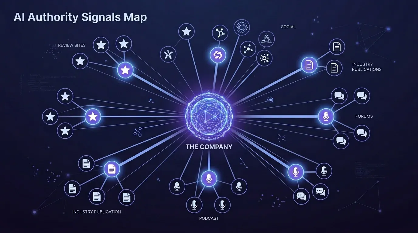 Authority map diagram showing how generative AI search engines retrieve and recommend trusted pages